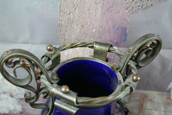 PAIRE Castle neo gothic French Faience Vases urns Cassolettes Blue wrought iron