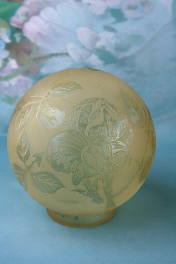 4x ART DECO Chandelier Glass GLOBES Signed DEVEAU amber yellow coloured muller