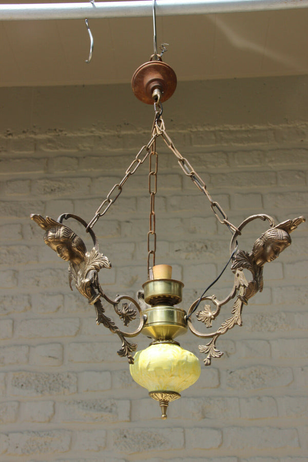 Antique French Faience porcelain brass Caryatid lady chandelier pendant 1930's