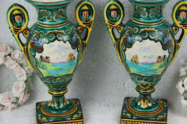 Antique pair French Barbotine majolica queen elizabeth mythological dragon vases