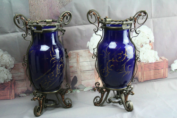 PAIRE Castle neo gothic French Faience Vases urns Cassolettes Blue wrought iron