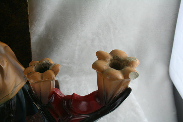 French antique 1930 Chalkware buste + candle holders madonna mary polychrome