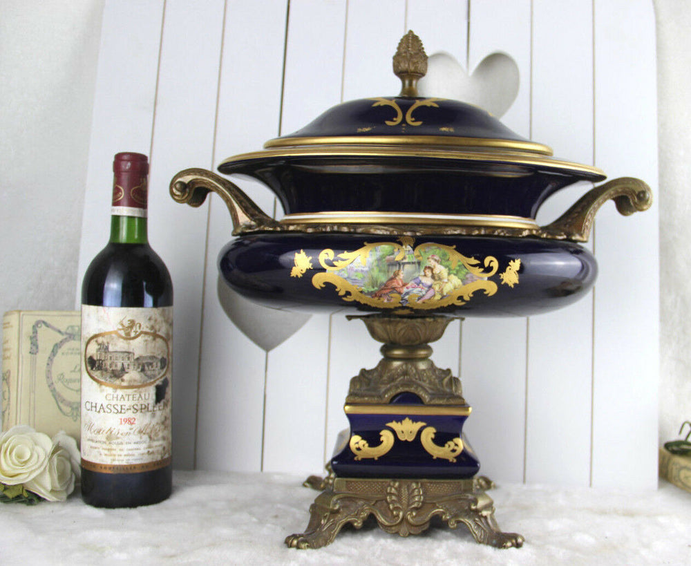 XXL french limoges marked porcelain centerpiece coupe lidded victorian scene