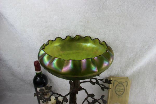 Antique Art nouveau center bowl tree green iridescent glass Vase attr. LOETZ