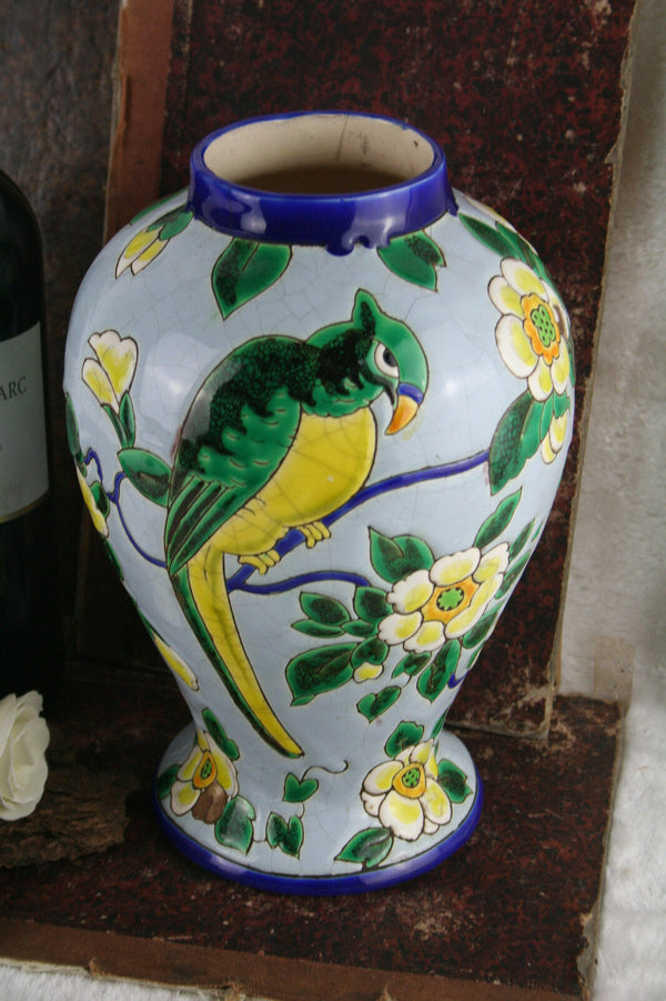 ART DECO C catteau Keramis glazed eathenware Vase D1435 F975 parrot birds