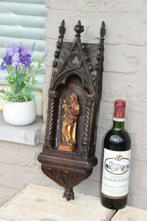 Large French neo gothic wood carved religious chapel console madonna statue