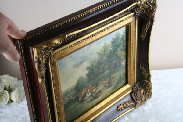 Flemish school oil panel chicken painting 1950's signed