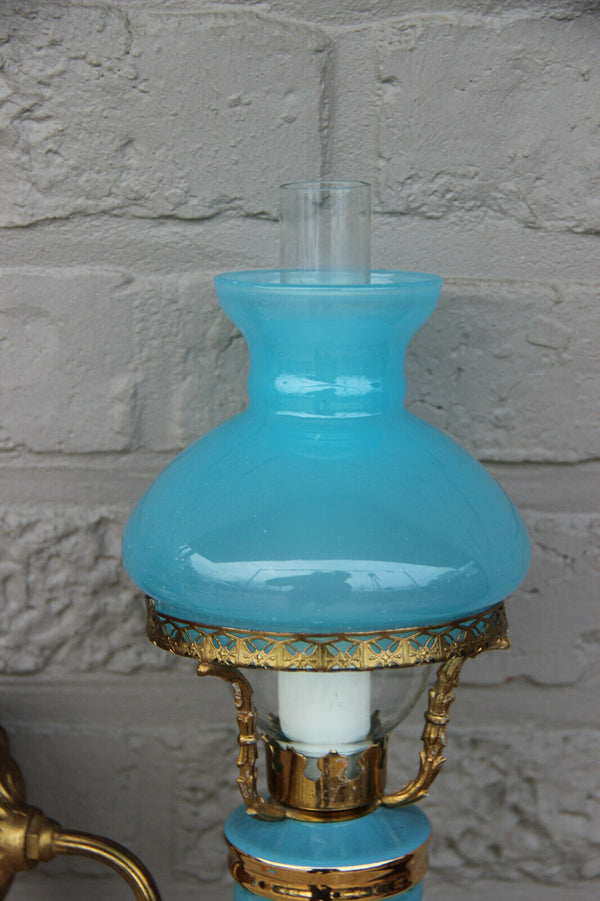 PAIR French vintage opaline Blue glass  turquoise Wall lights sconces romantic