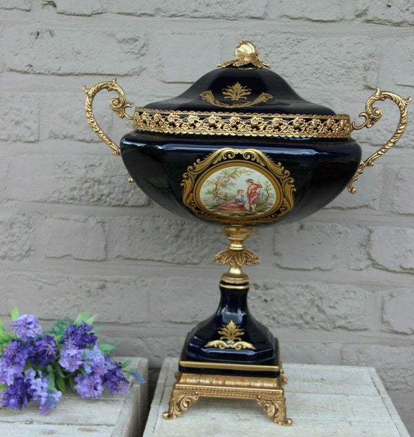 French Limoges cobalt porcelain centerpiece lidded bowl vase Victorian scene