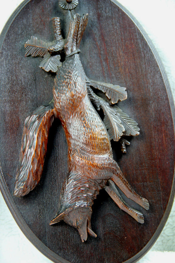 PAIR black forest German wood carved hunting trophy wall panel plaque fox bird