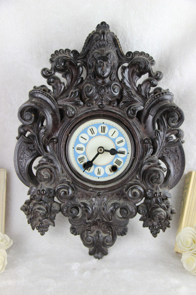 RARE Antique BLACK FOREST wood carved german wall clock caryatid lady head