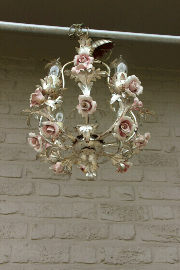 Vintage French cute metal silver gilt pink porcelain Flowers Chandelier 1970