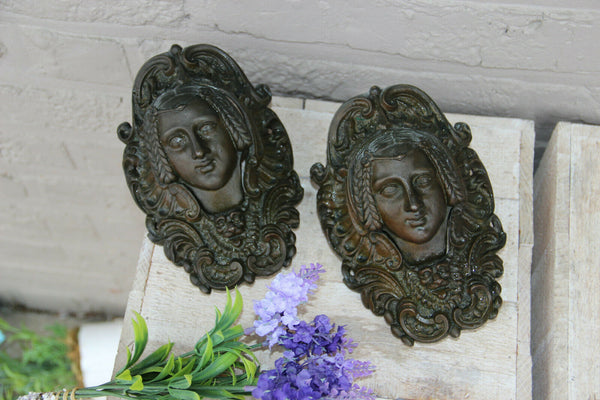 Antique PAIR bronze French  19thc Billiard pocket holder Caryatid portrait putti