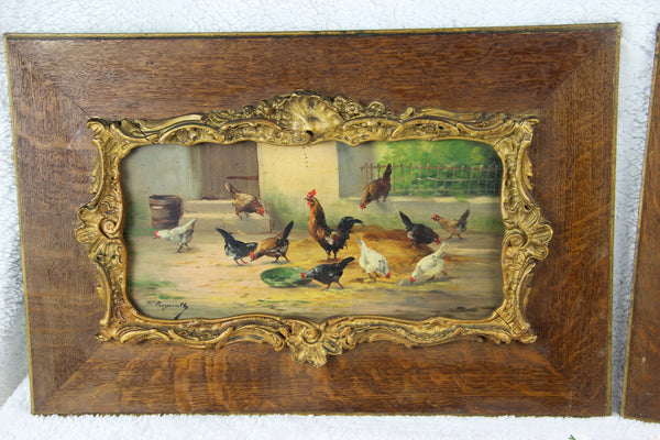 PAIR antique 19thc French oil panel painting chicken rooster farm louis XVI