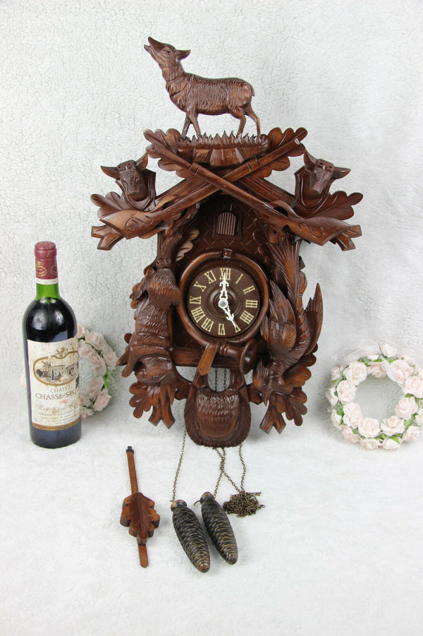Vintage german cuckoo Wood carved black forest hunt theme Clock wall