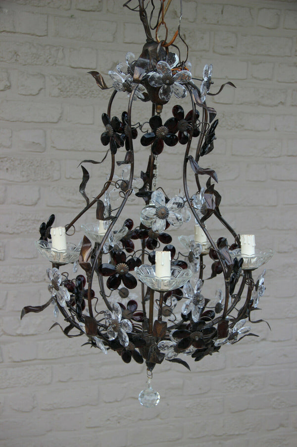 Vintage French metal Glass daisy flower Chandelier lamp attr MAISON BAGUES 1970