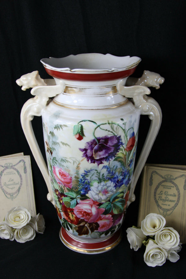 LARGE Antique French Porcelain Dragon gothic handles Vase floral decor