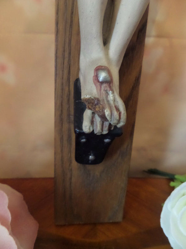 19thc FRENCH Rare Crucifix polychrome french stone biscuit christ wood cross 25