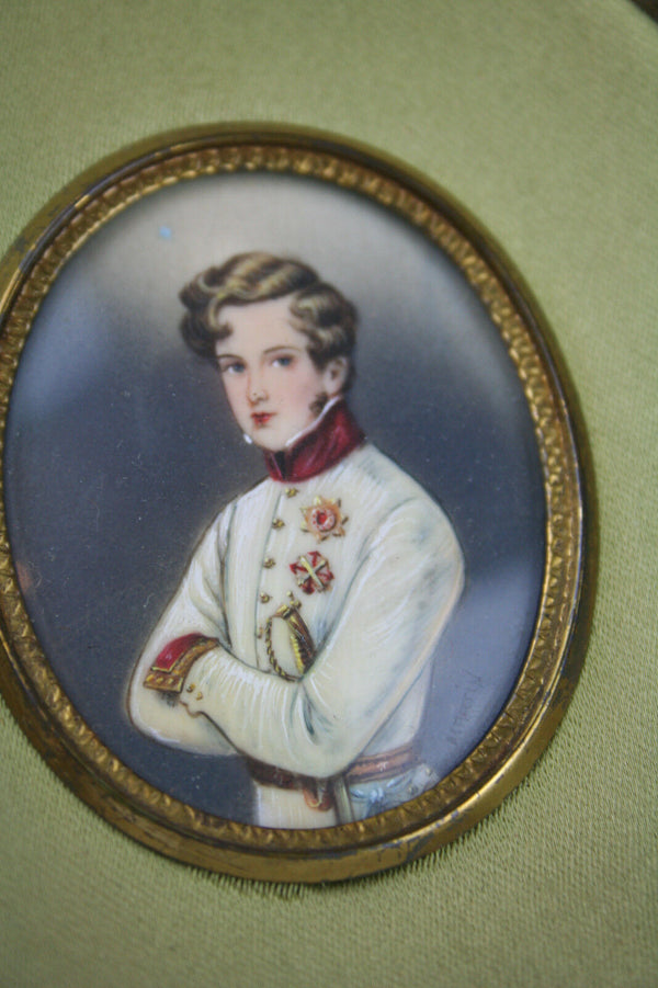 French 1900 Napoleon son duke officer military Miniature portrait painting signe
