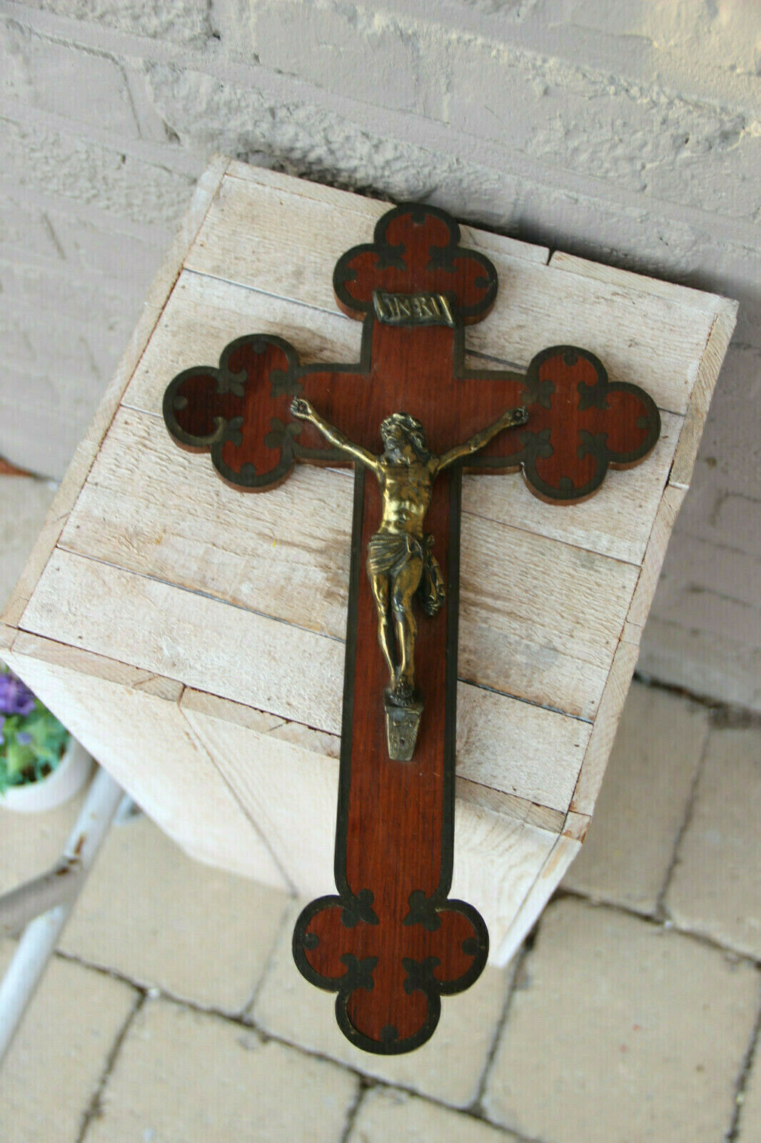 Old French antique wood carved Wall crucifix metal christ religious
