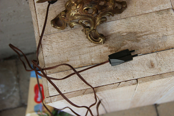 French Vintage bronze putti table lamp red Murano glass shades