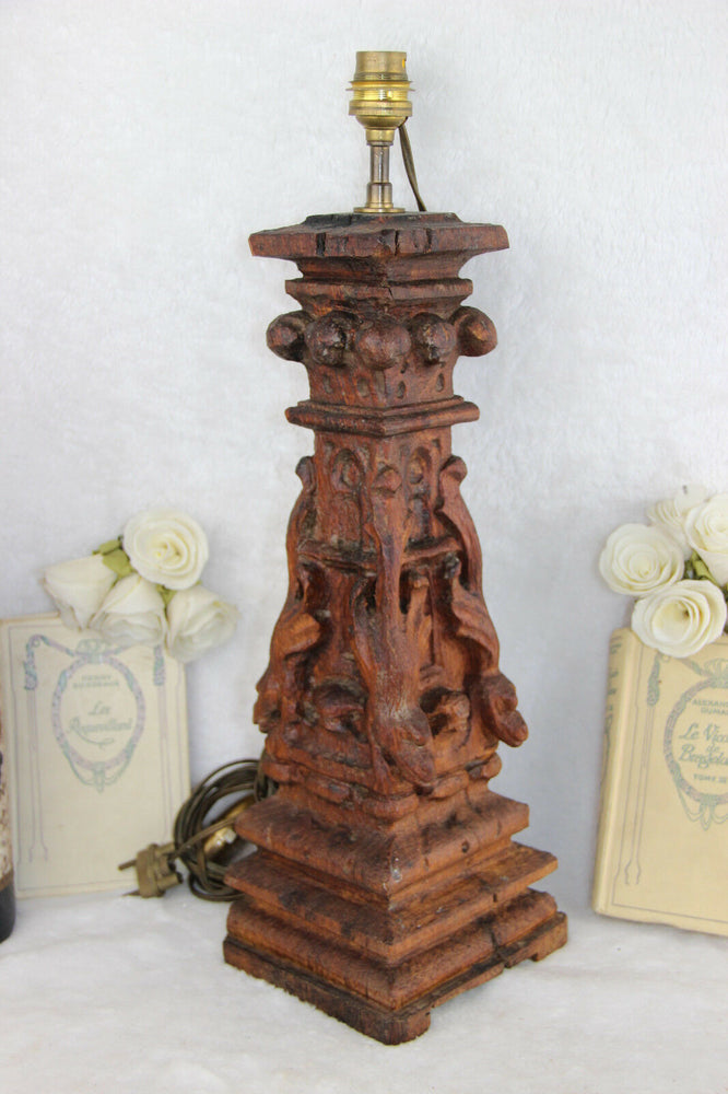 Rare 1880 Antique French Table lamp wood carved gargoyle dragon gothic castle