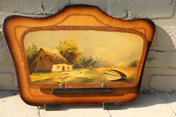 French antique wood wall letter holder hand paint landscape house painting 1920