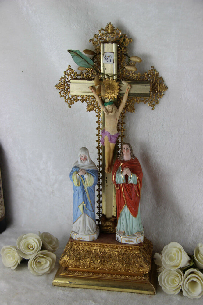 Antique French Crucifix porcelain figurines Calvary chalkware christ 1920's