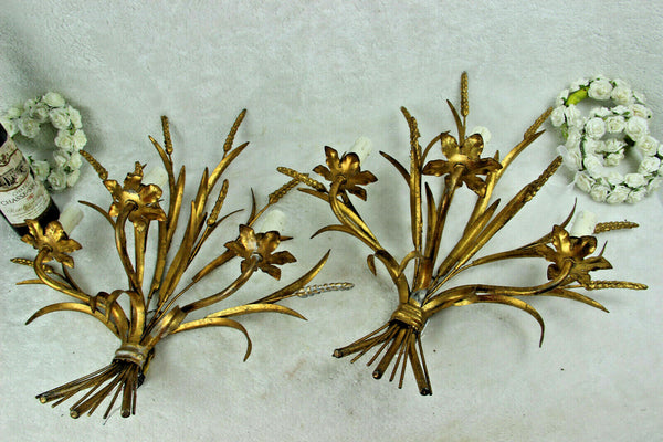 PAIR XXL Hollywood regency 3 arm Italian Gilt Metal Wheat Sheaf Wall Sconces