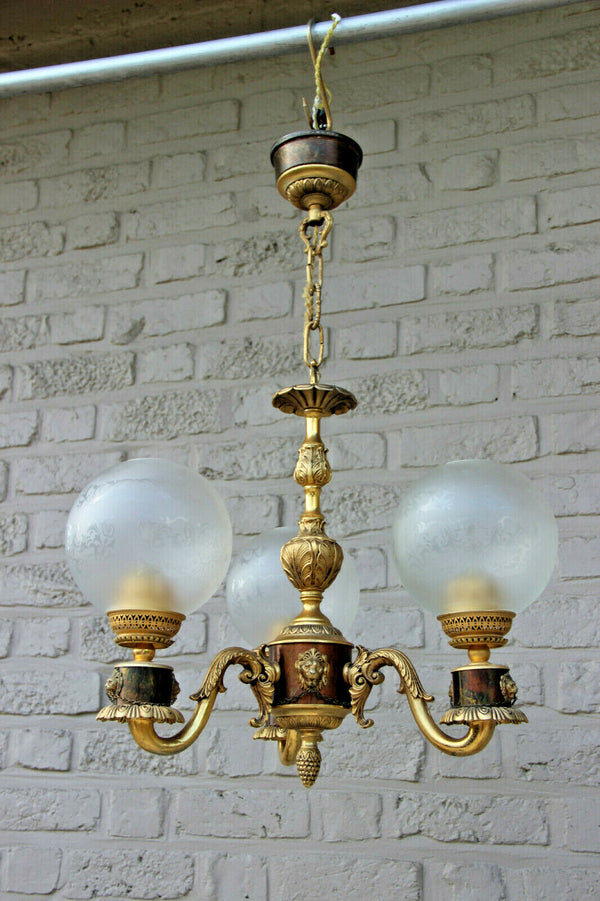 Vintage French brass 3 arm lion heads Chandelier glass globes 1970