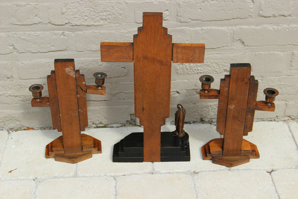Antique ART DECO crucifix candlestick religious set wood metal