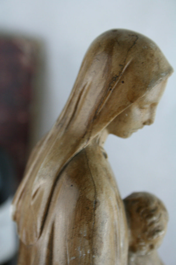 Old French monogrammed Plaster Madonna with child statue figurine marked