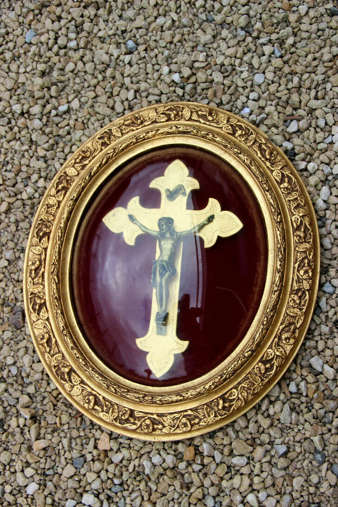antique French wall panel glass Christ crucifix Religious