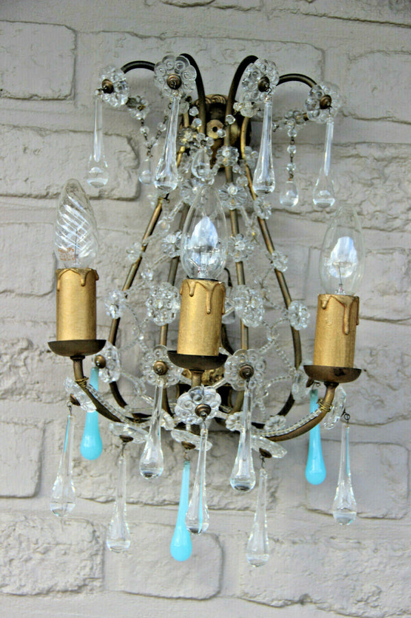 PAIR Murano turquoise glass drops flowers chains wall lights sconces 1960