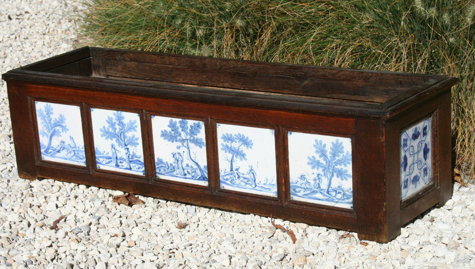 XXL unusual Antique 19thc Blue white DELFT pottery tiles Wood oak planter