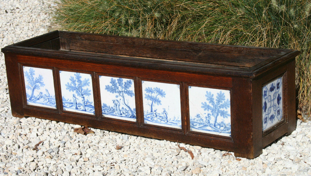 XXL unusual Antique 19thc Blue white DELFT pottery tiles Wood oak planter