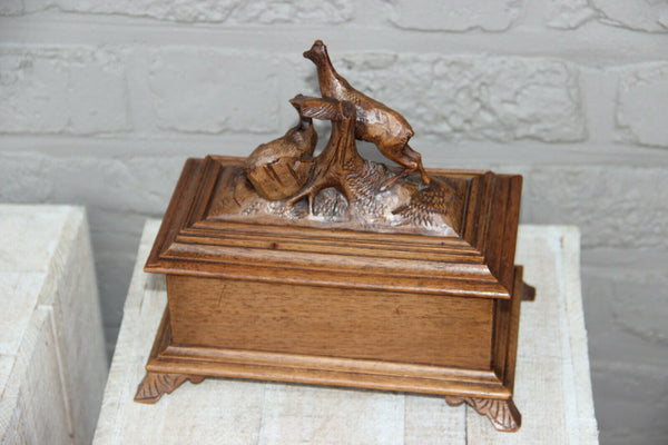 Antique Black forest Swiss wood carved box jewelry trinket 19th c deer animal