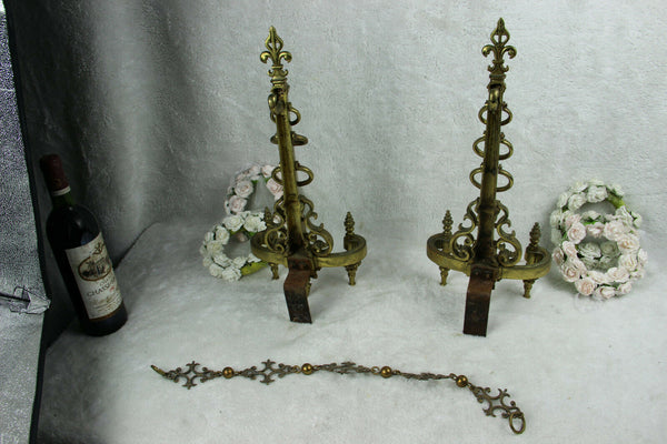 PAIR antique Bronze fleur de lys French fireplace andirons shields armor