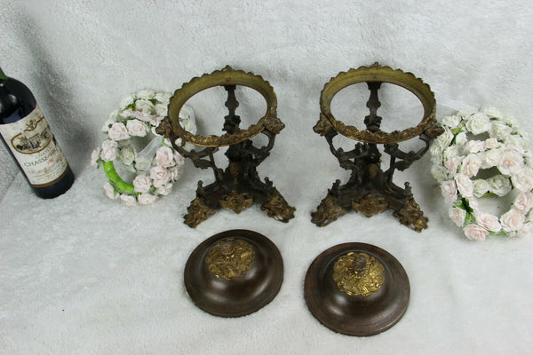 PAIR antique 19thc Bronze empire lion heads tripod cassolettes urns vases