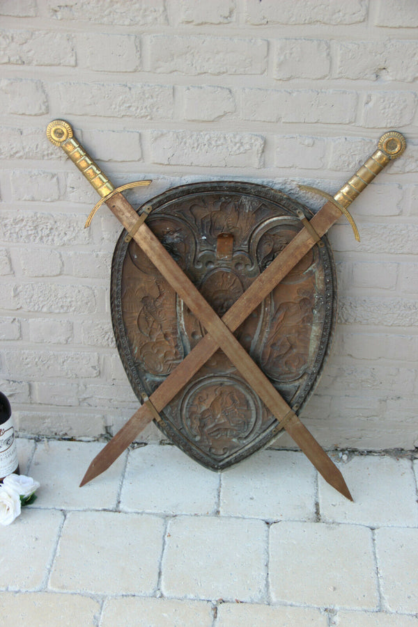 Vintage French Wall armor Shield Copper relief Dragon Battle scene 1960