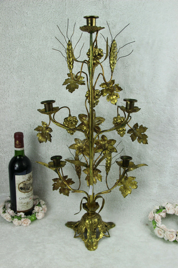 Antique XL church brass Candle holder candlestick 5 arms floral decor