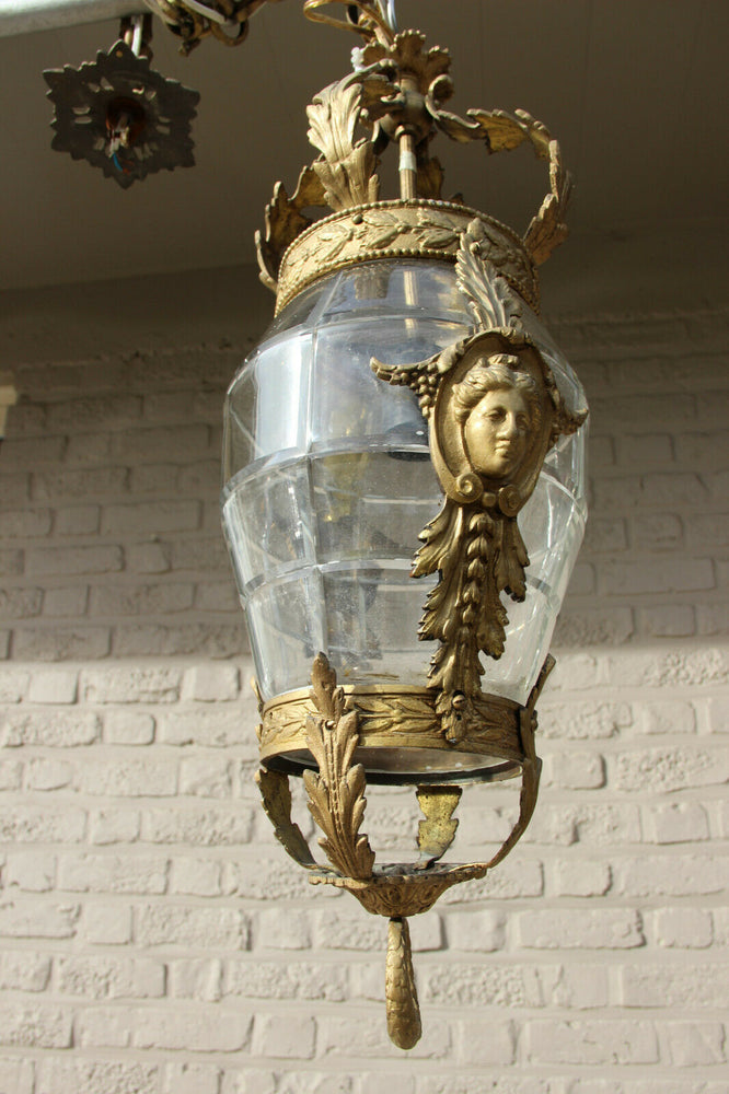 Antique val saint lambert crystal glass caryatid bronze heads lantern chandelier