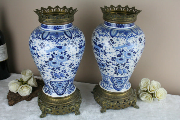 PAIR 1900 Delft Boch pottery Vases with birds bronze frames satyr devil heads