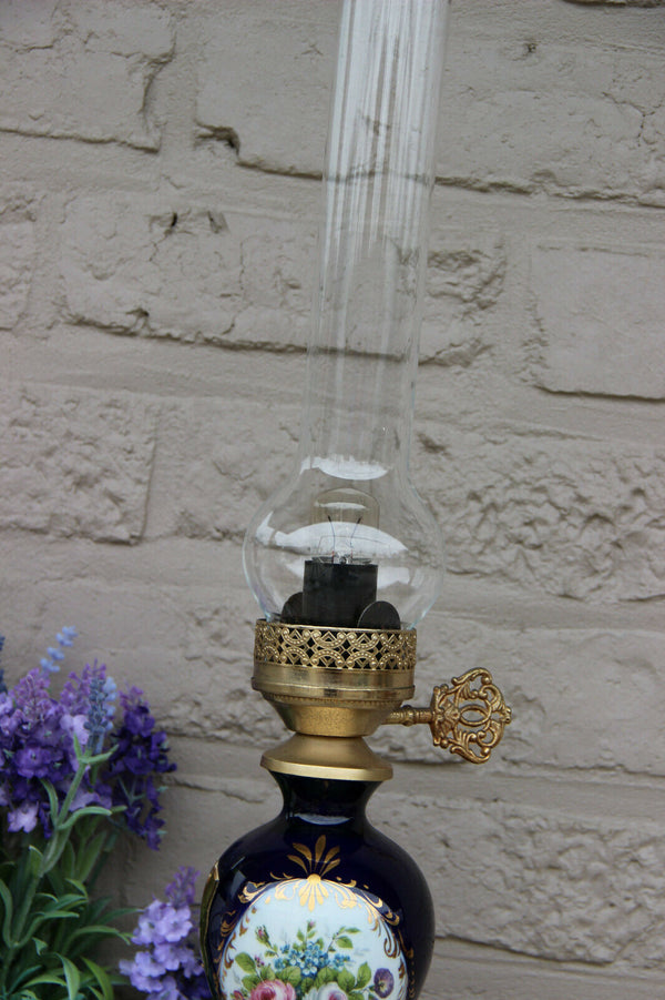 vintage french cobalt blue limoges porcelain floral table lamp 1960