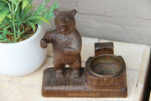 Antique black forest wood carved bear ashtray