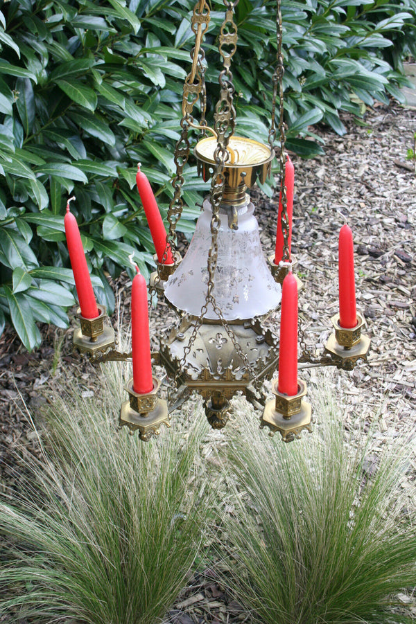Antique Neo-Gothic Church Religious bronze French chandelier candleholder 1920
