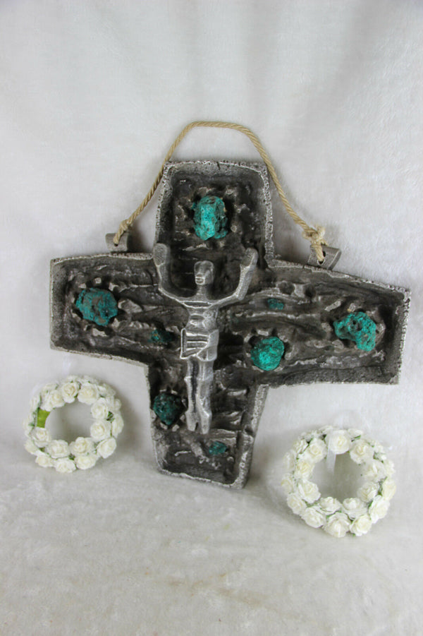 HUGE Rare BRUTALIST Stoneware malachite stones Crucifix cross religious christ