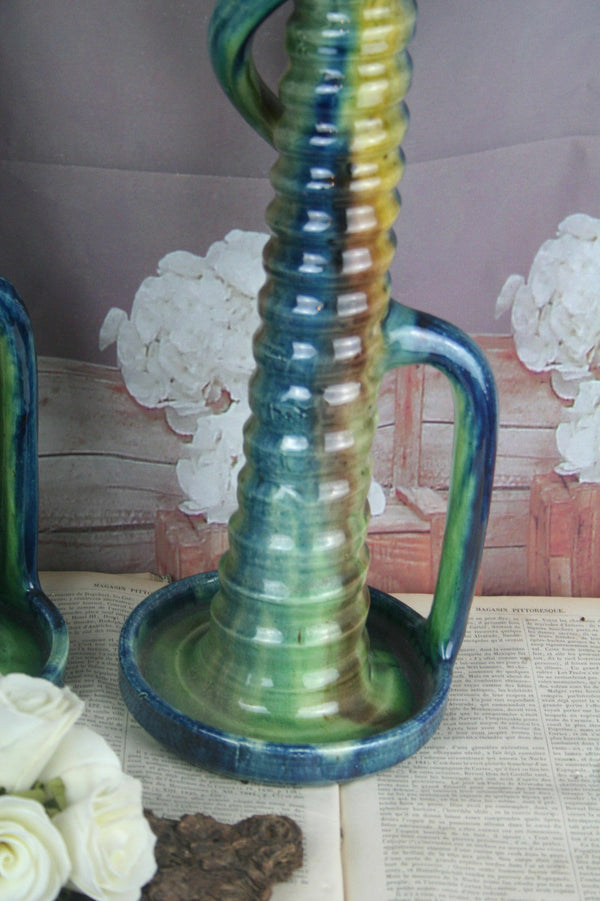XXL PAIR Belgian Ceramic barbotine Candle holders snakes art nouveau 1900