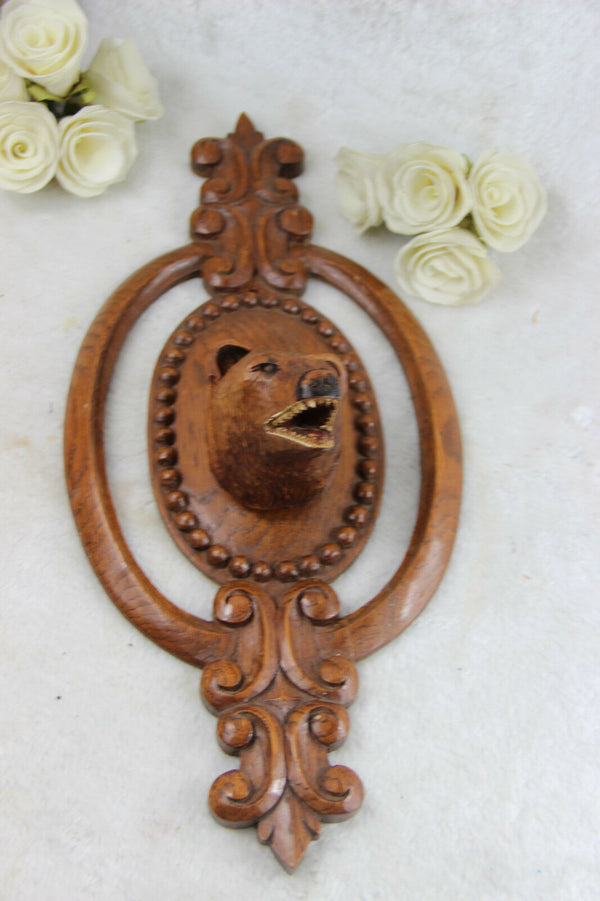 Antique Swiss Wood carved black forest Bear wall plaque panel 1920's