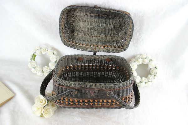 Antique Victorian Basket carry picknick with Handles marked Van Oye bruxelles